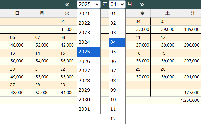 表示する月を変更する場合はプルダウンから、それぞれ対象の年月を選択してください。