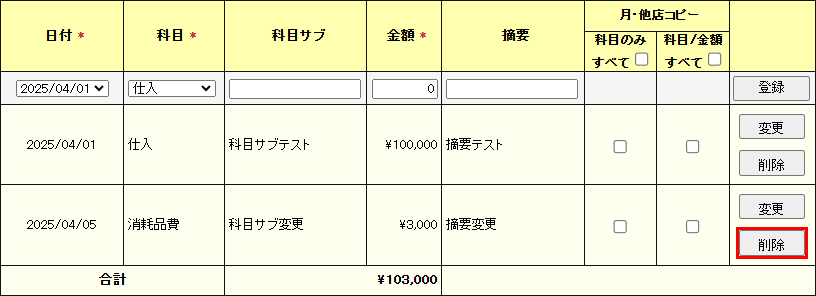削除したい経費の行の「削除」をクリック