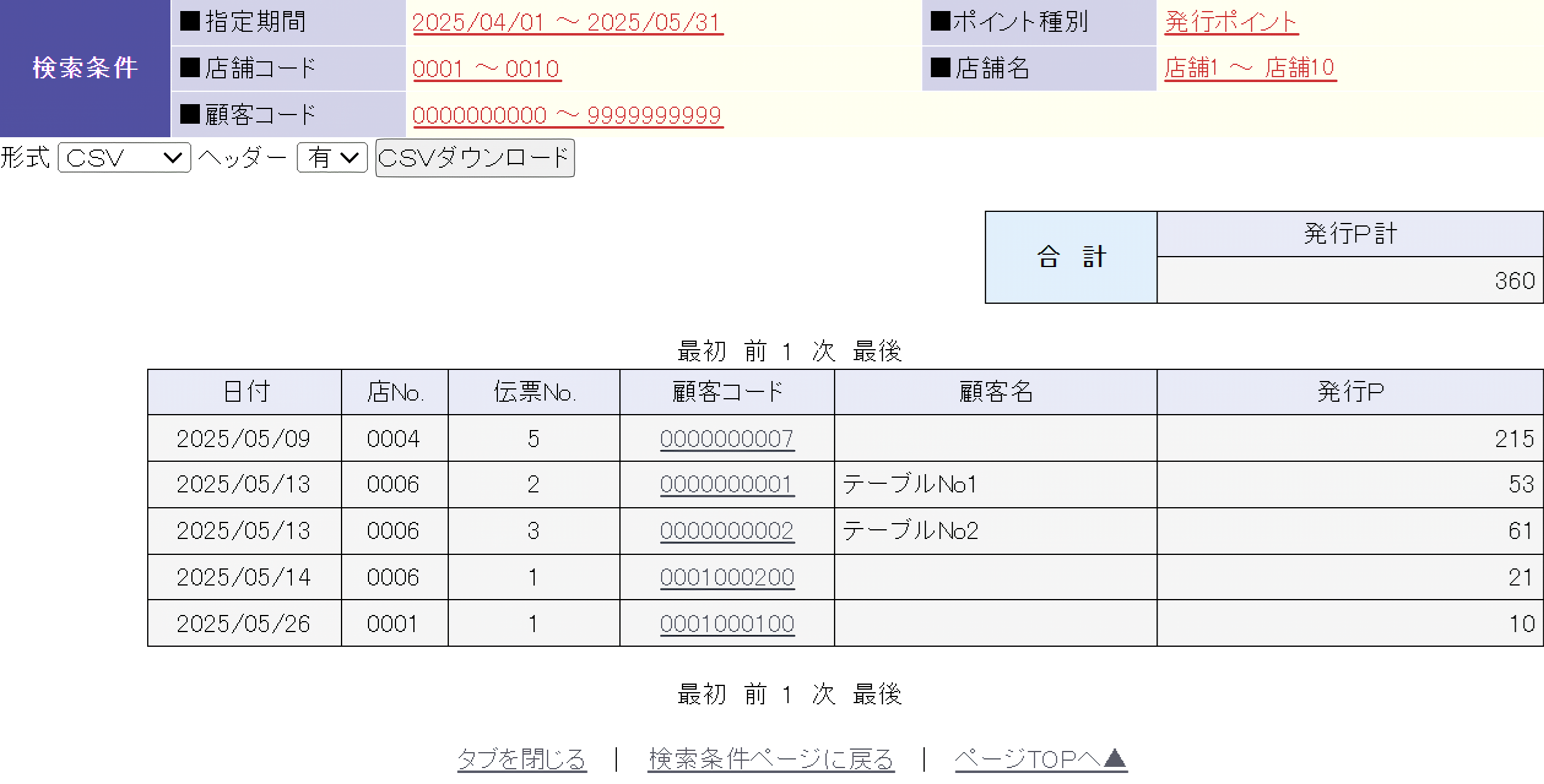 検索結果画面：発行ポイント