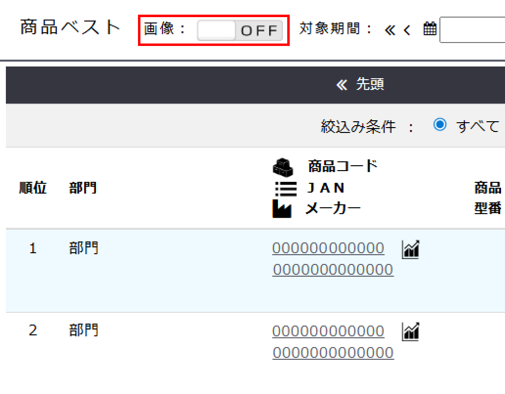 「OFF」だと商品画像は表示されず、内容が左寄せになります。