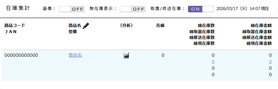 「ON」にすると在庫集計に項目と数値が表示されます。