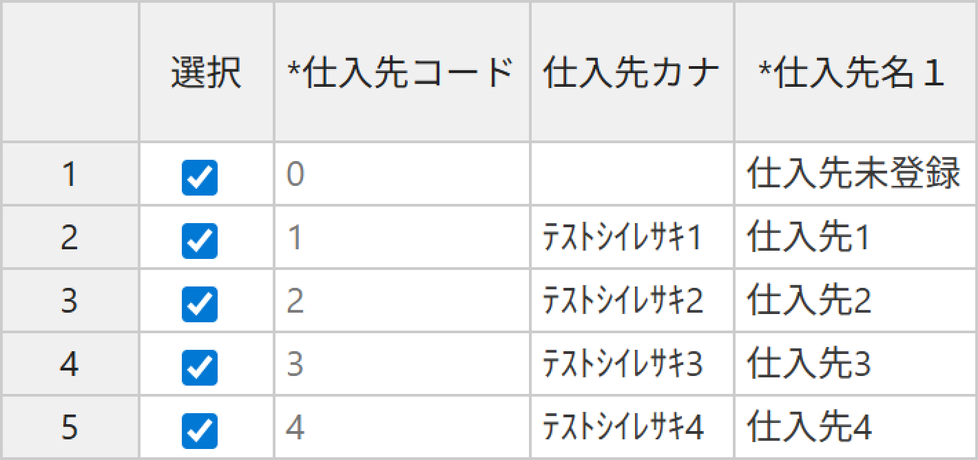 項目選択を全解除した仕入先マスタ一覧