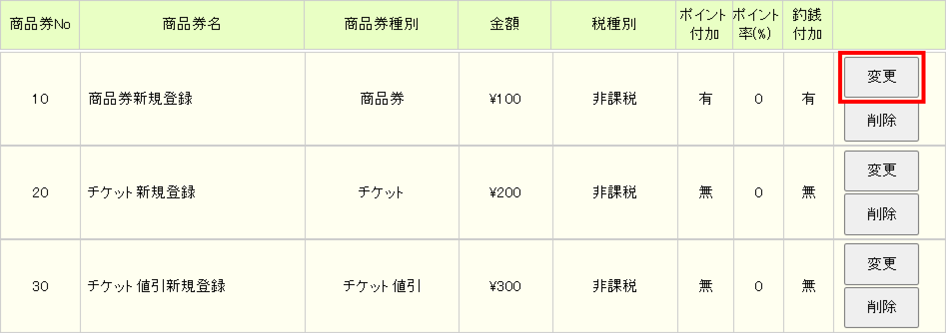 「変更」を押すと画面上部に該当商品券が表示されます。